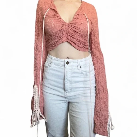 Free People Pink Bell Sleeve Crop Blouse - Picture 2 of 5